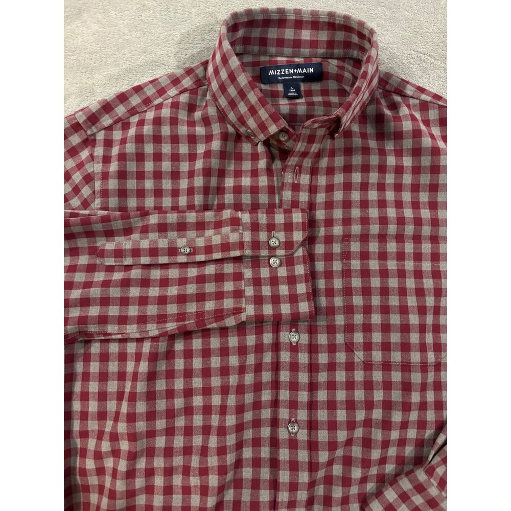 Mizzen+Main Performance Shirt Mens L Trim Red Grey Gingham Check 1WS-0351